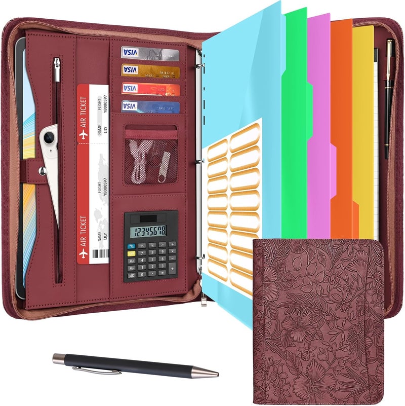 Eshow Portfolio Organizer - 3 Ring Binder with Zipper, Vegan Leather Business Padfolio Folder with Notepad Includes 5 Color Sheet Protectors for Documents Files for Men Women - Image 1
